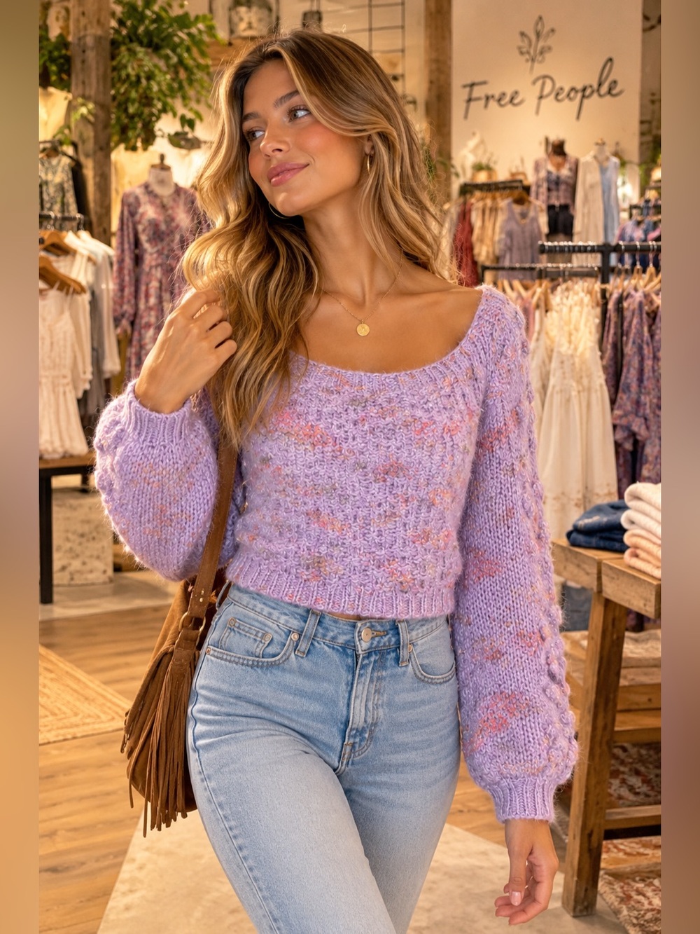Free People Lavender Cropped Scoop-Neck Sweater with Pink Speckle